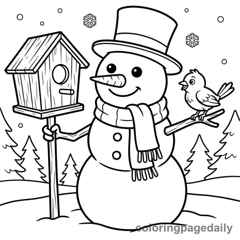 Snowman Holding a Birdhouse - Daily printable coloring page in Christmas category