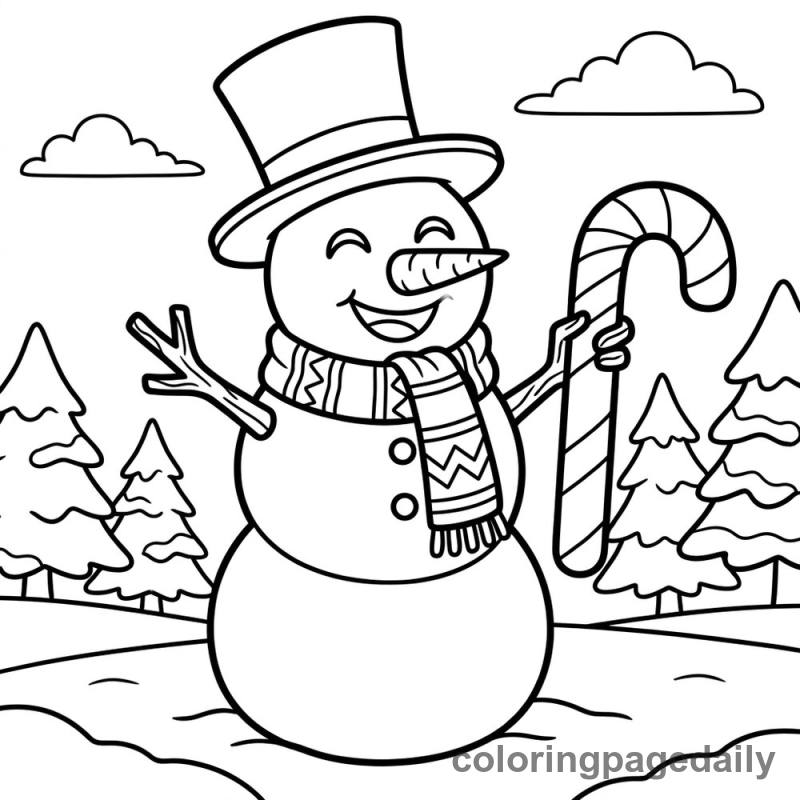 Snowman Holding Candy Cane - Daily printable coloring page in Christmas category