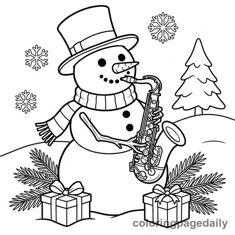 Snowman Playing Saxophone - Daily printable coloring page in Christmas category