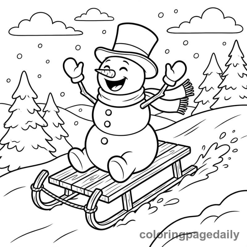 Snowman Sledding Fun - Daily printable coloring page in Christmas category
