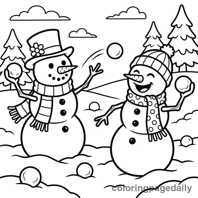 Snowmen's Friendly Snowball Fight - Daily printable coloring page in Christmas category