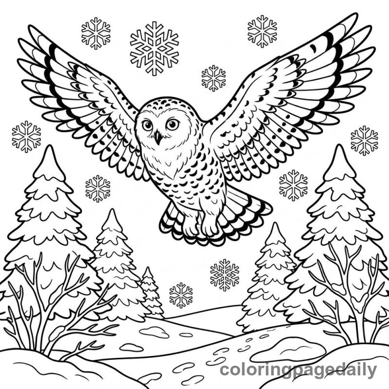 Snowy Owl Flying - Daily printable coloring page in Winter and Snow Season category