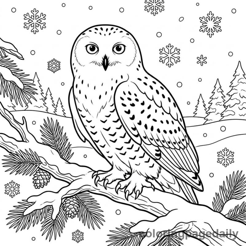 Snowy Owl in Winter - Daily printable coloring page in Winter and Snow Season category