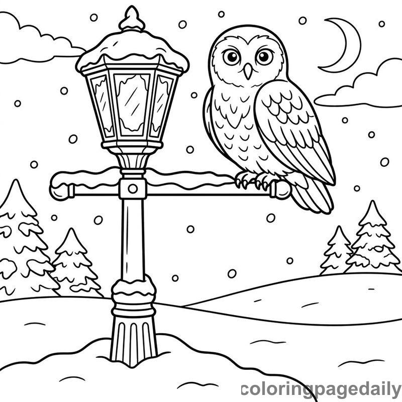 Snowy Owl On Streetlamp - Daily printable coloring page in Winter and Snow Season category