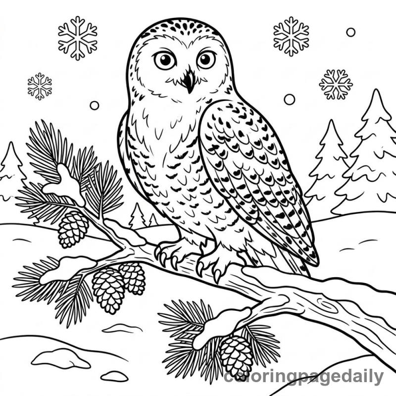 Snowy Owl Perched - Daily printable coloring page in Winter and Snow Season category
