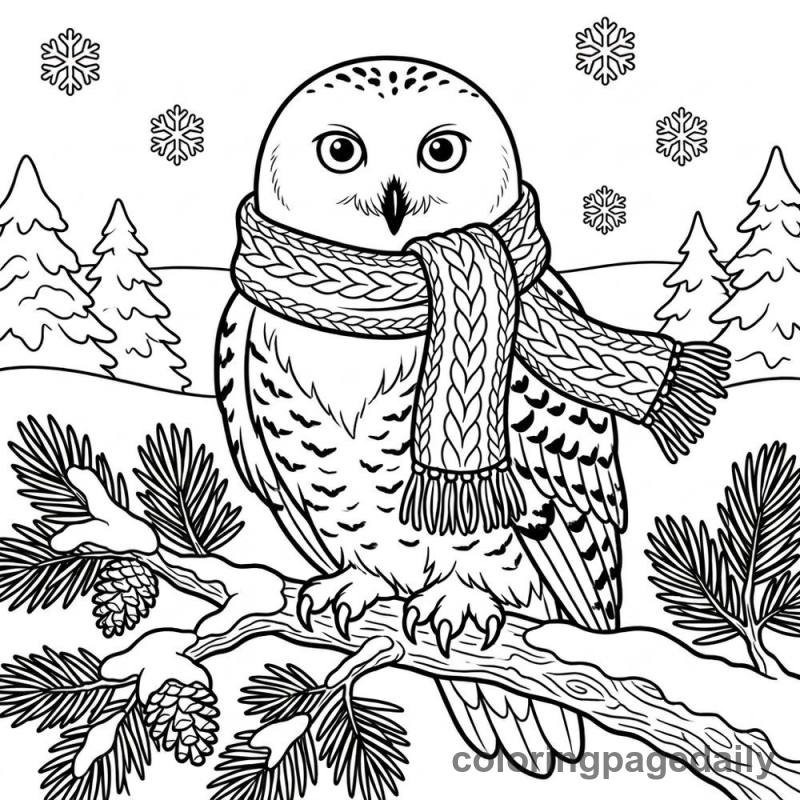 Snowy Owl Wearing Scarf - Daily printable coloring page in Winter and Snow Season category