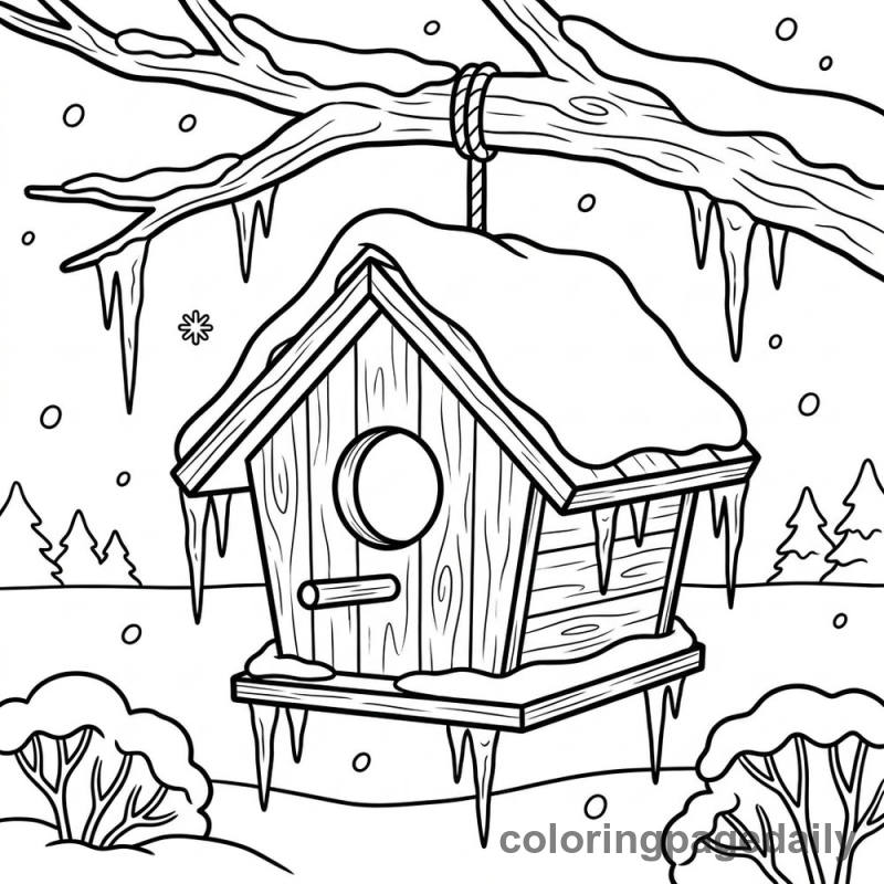 Snowy Winter Birdhouse - Daily printable coloring page in Winter and Snow Season category