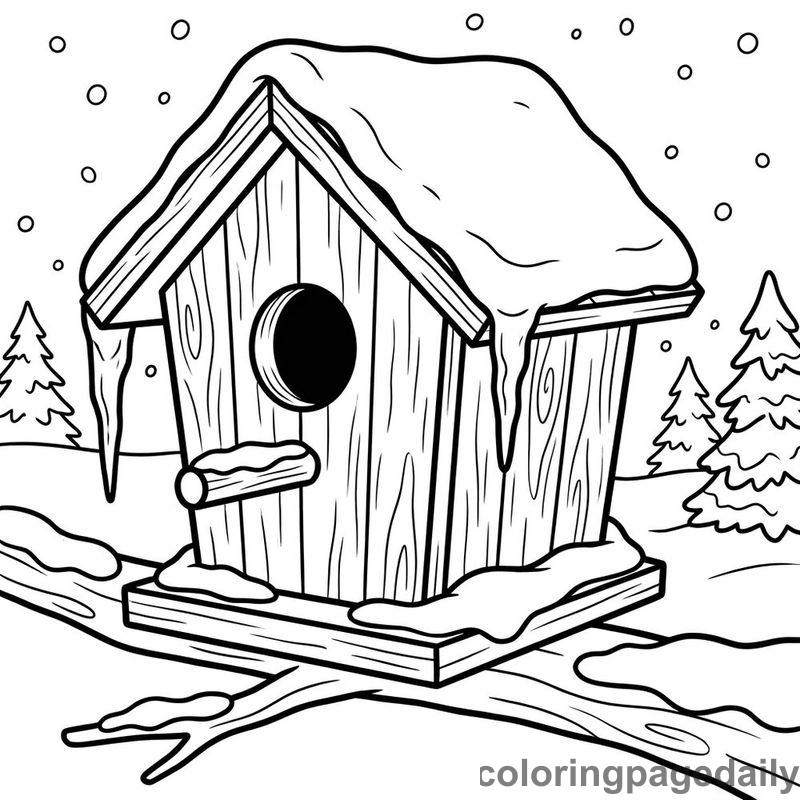 Snowy Winter Birdhouse - Daily printable coloring page in Winter and Snow Season category