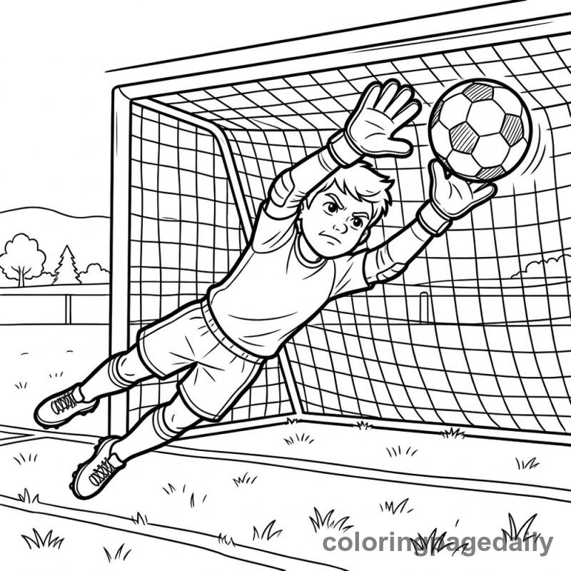 Soccer Goalkeeper Diving Catch - Daily printable coloring page in Sports category