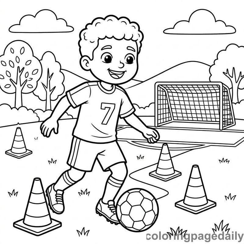 Soccer Player Dribbling Cones - Daily printable coloring page in Sports category