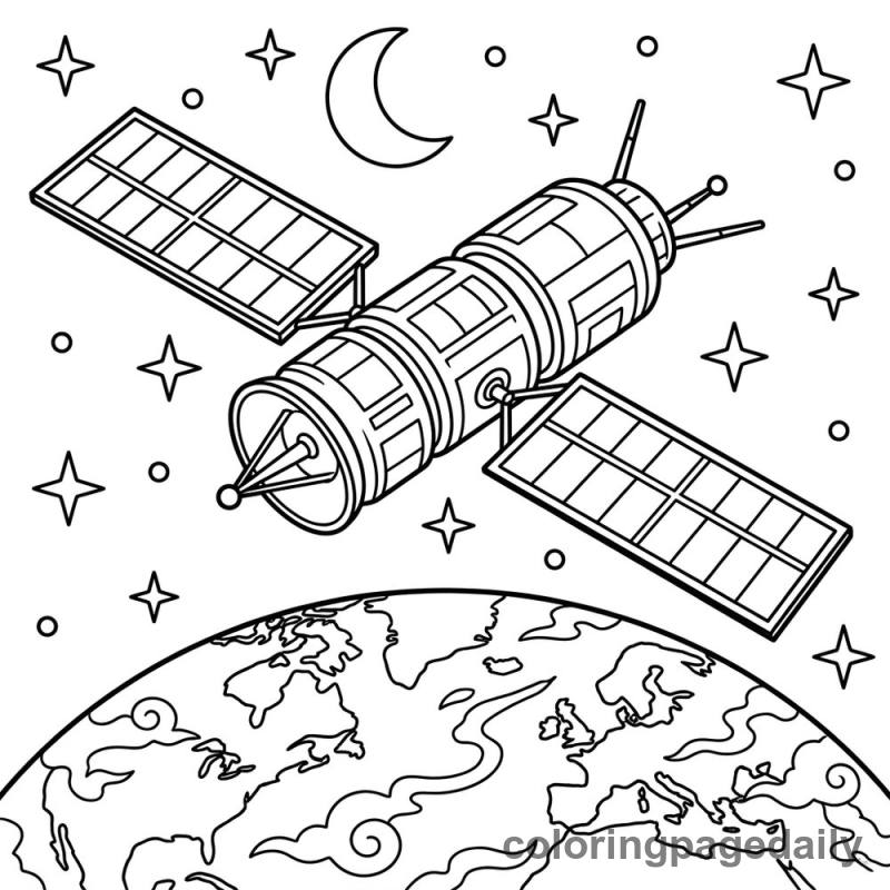 Satellite Over the Earth - Daily printable coloring page in Space category