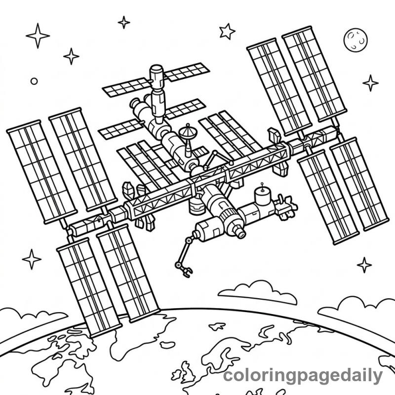 Space Station Orbiting - Daily printable coloring page in Space category