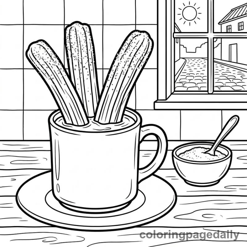 Spanish Churros and Chocolate - Daily printable coloring page in Food category