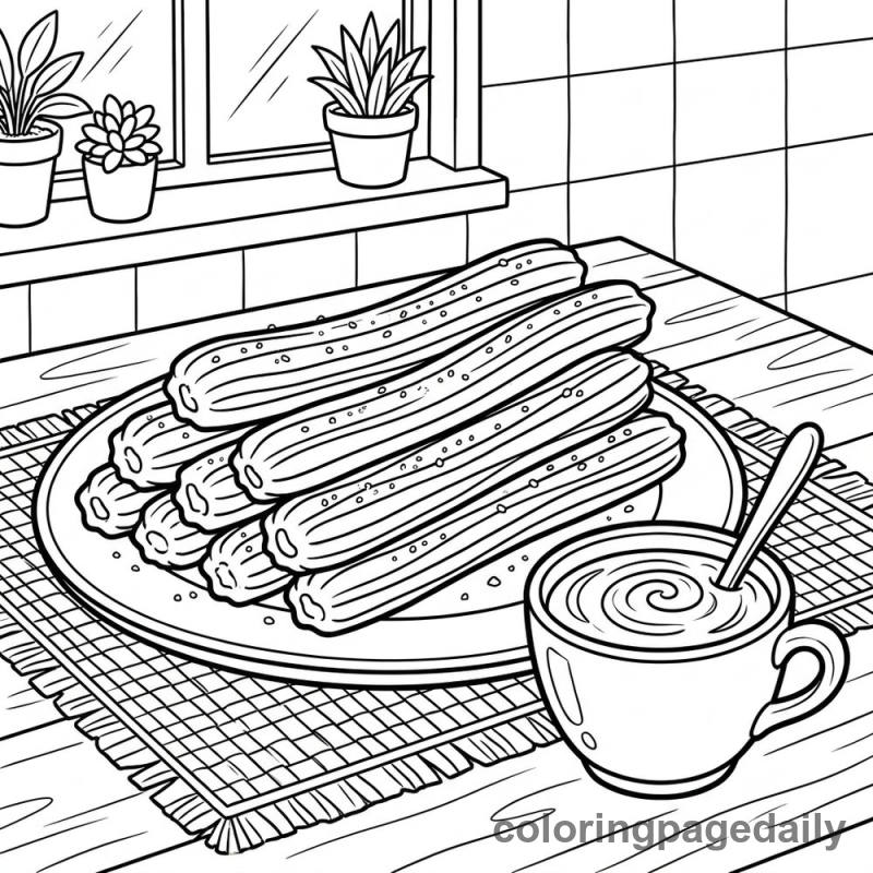 Spanish Churros with Chocolate - Daily printable coloring page in Food category