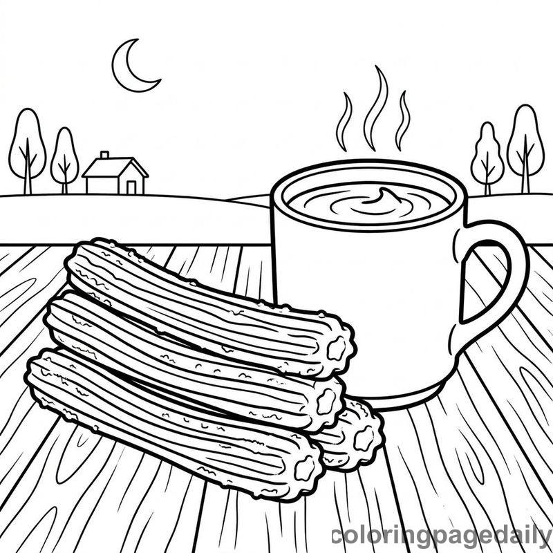 Spanish Churros With Dipping Chocolate - Daily printable coloring page in Food category