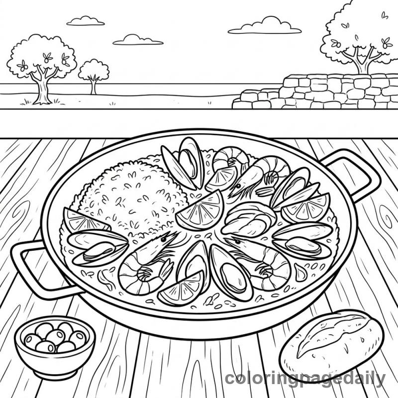 Spanish Paella Feast - Daily printable coloring page in Food category