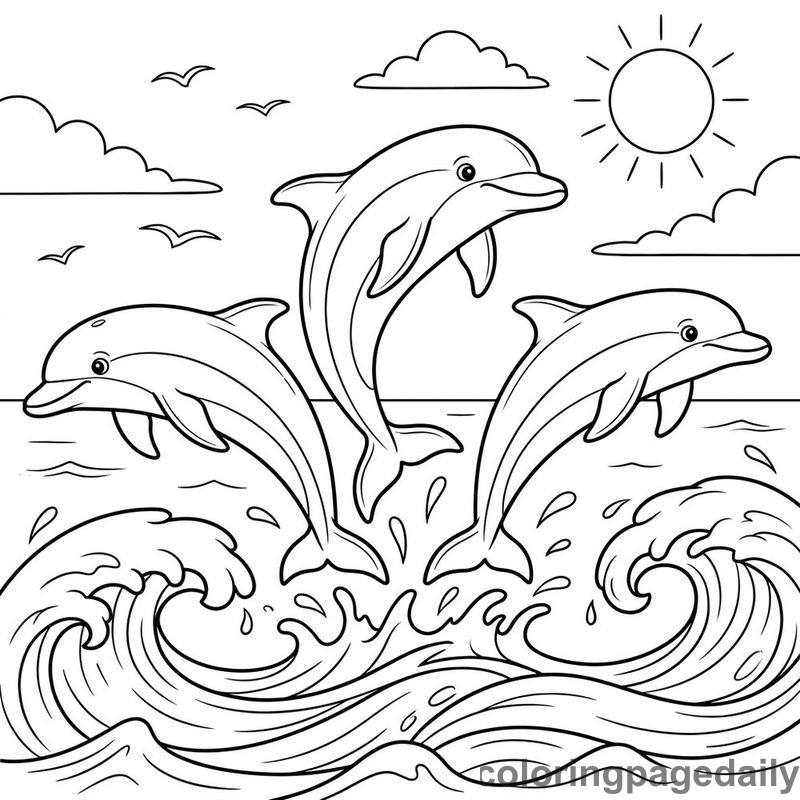 Spinner Dolphins Leaping - Daily printable coloring page in Ocean and Underwater Life category