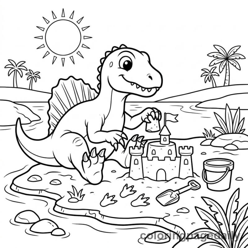 Spinosaurus Building Sandcastle - Daily printable coloring page in Dinosaur category