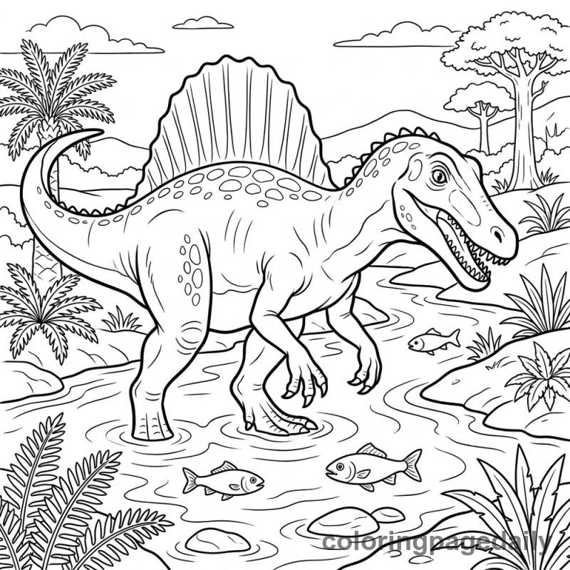 Spinosaurus Fishing in River - Daily printable coloring page in Dinosaur category