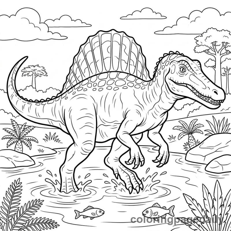 Spinosaurus In Water - Daily printable coloring page in Dinosaur category