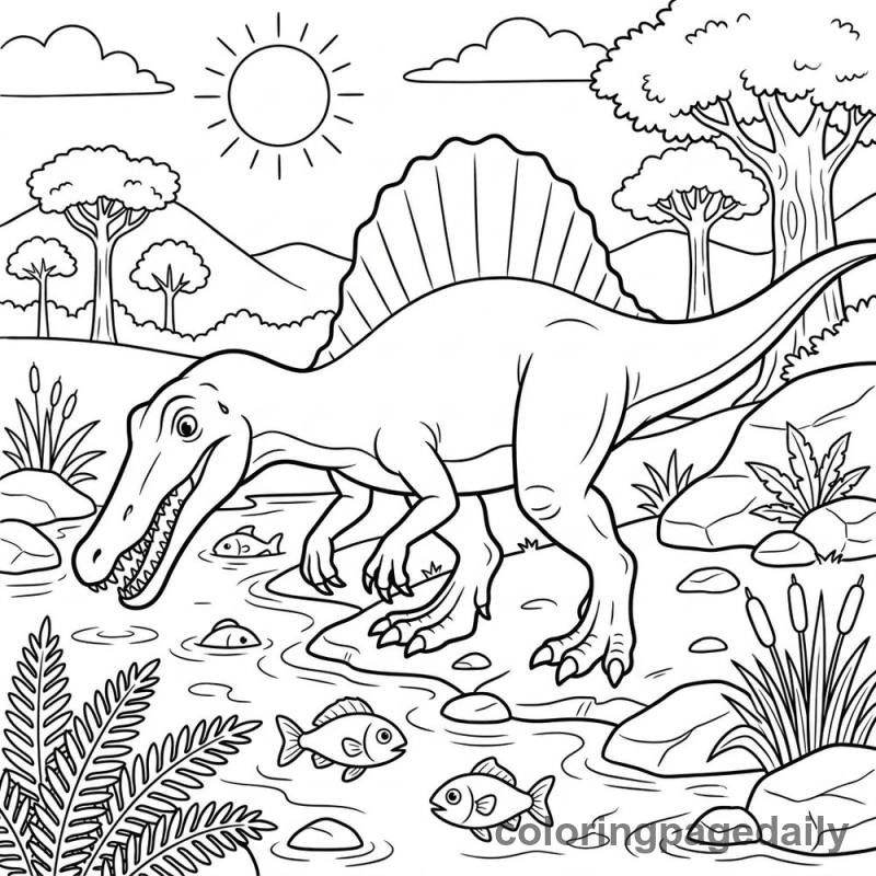 Spinosaurus River Fishing - Daily printable coloring page in Dinosaur category