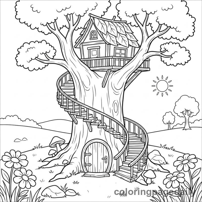 The Spiral Staircase Treehouse - Daily printable coloring page in Scenery category