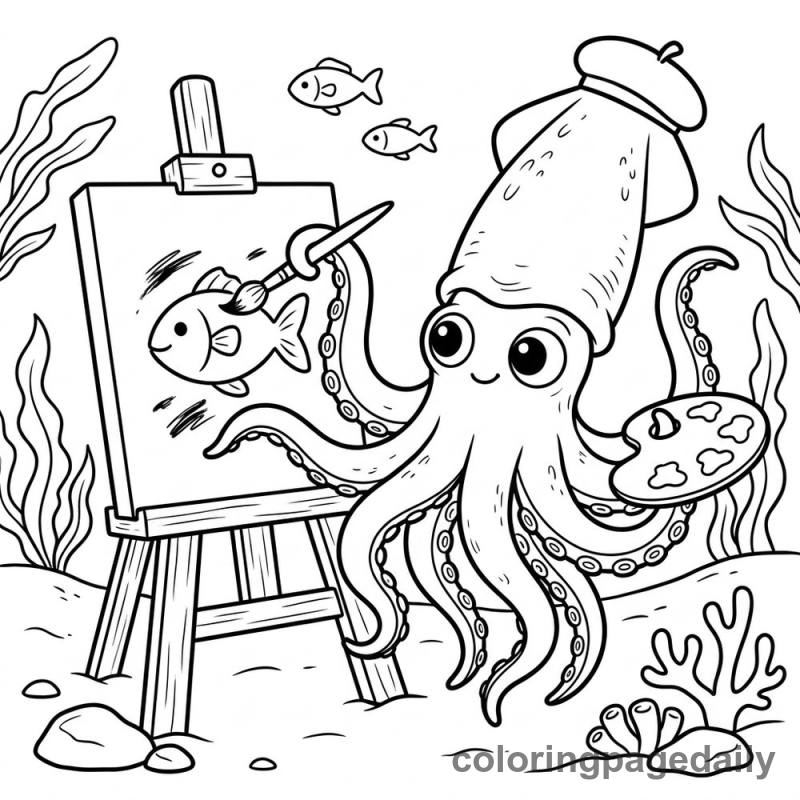 Squid Underwater Artist - Daily printable coloring page in Ocean and Underwater Life category