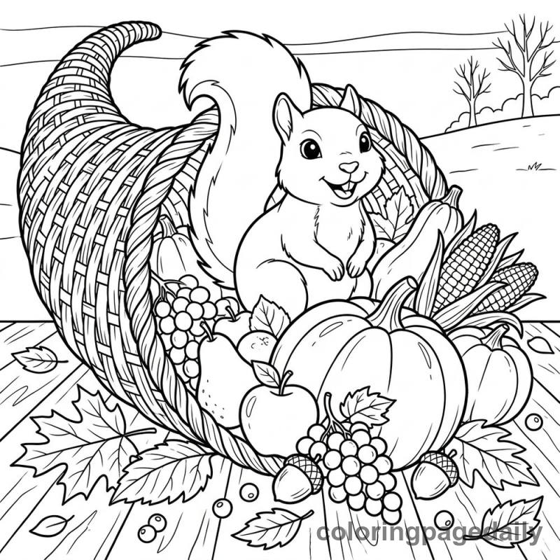 Squirrel Inside Cornucopia - Daily printable coloring page in Thanksgiving category