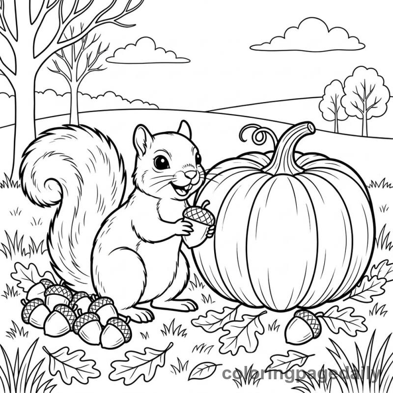 Squirrel's Thanksgiving Harvest - Daily printable coloring page in Thanksgiving category