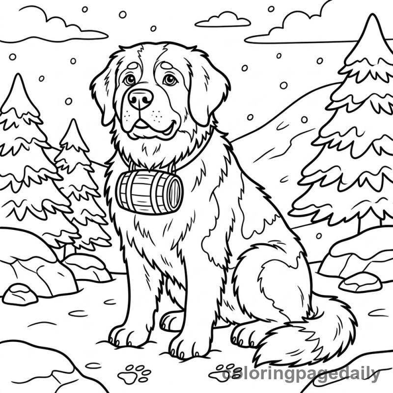 St. Bernard in Snow - Daily printable coloring page in Winter and Snow Season category