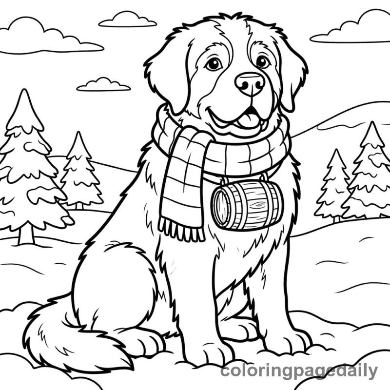 St. Bernard in Snow - Daily printable coloring page in Winter and Snow Season category