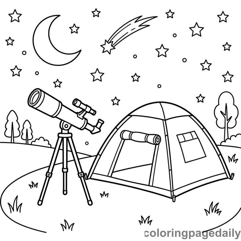 Stargazing Camp On A Hill - Daily printable coloring page in Space category