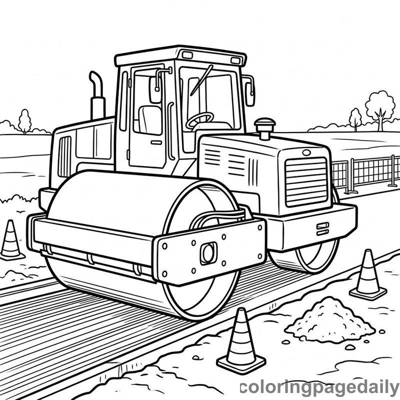 Steamroller Flattening Road - Daily printable coloring page in Vehicle category