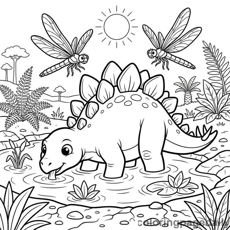 Stegosaurus And Prehistoric Dragonflies - Daily printable coloring page in Dinosaur category