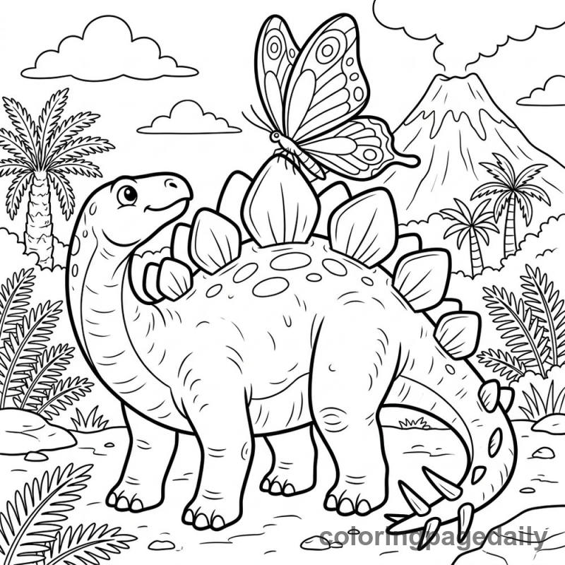 Stegosaurus and the Butterfly - Daily printable coloring page in Dinosaur category