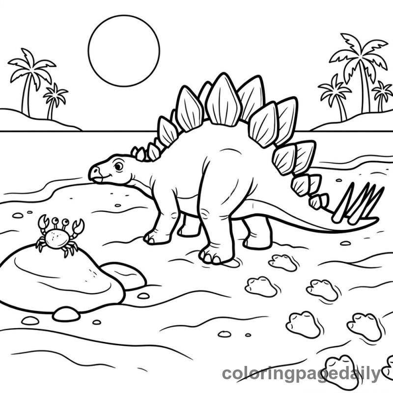 Stegosaurus Beach Footprints - Daily printable coloring page in Dinosaur category