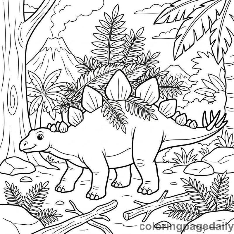 Stegosaurus Carrying Fern Leaves - Daily printable coloring page in Dinosaur category
