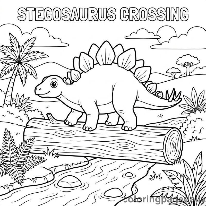 Stegosaurus Crossing Log - Daily printable coloring page in Dinosaur category