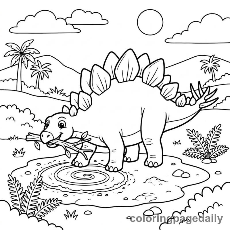 Stegosaurus Drawing in Dirt - Daily printable coloring page in Dinosaur category