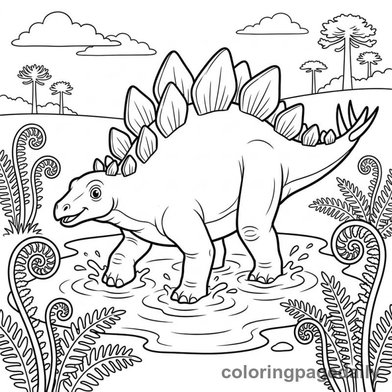 Stegosaurus In Mud Puddle - Daily printable coloring page in Dinosaur category