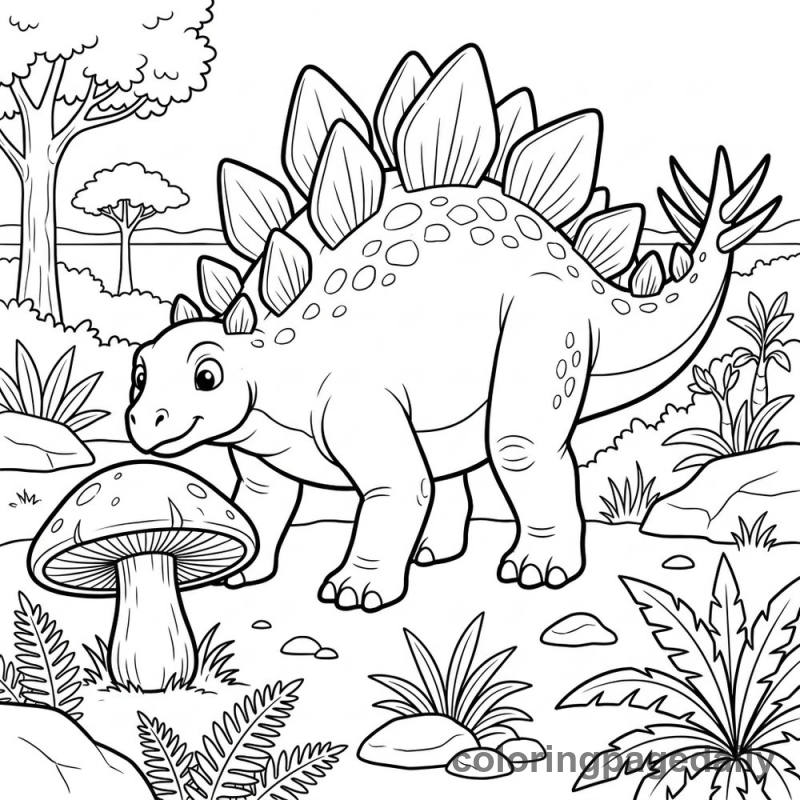 Stegosaurus Inspecting Mushroom - Daily printable coloring page in Dinosaur category