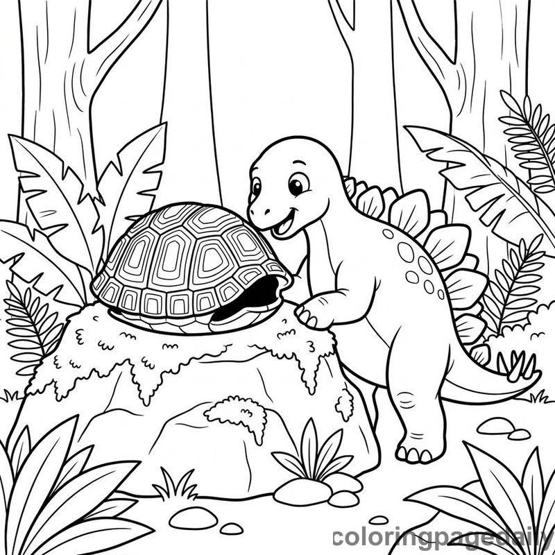 Stegosaurus Inspecting Tortoise Shell - Daily printable coloring page in Dinosaur category