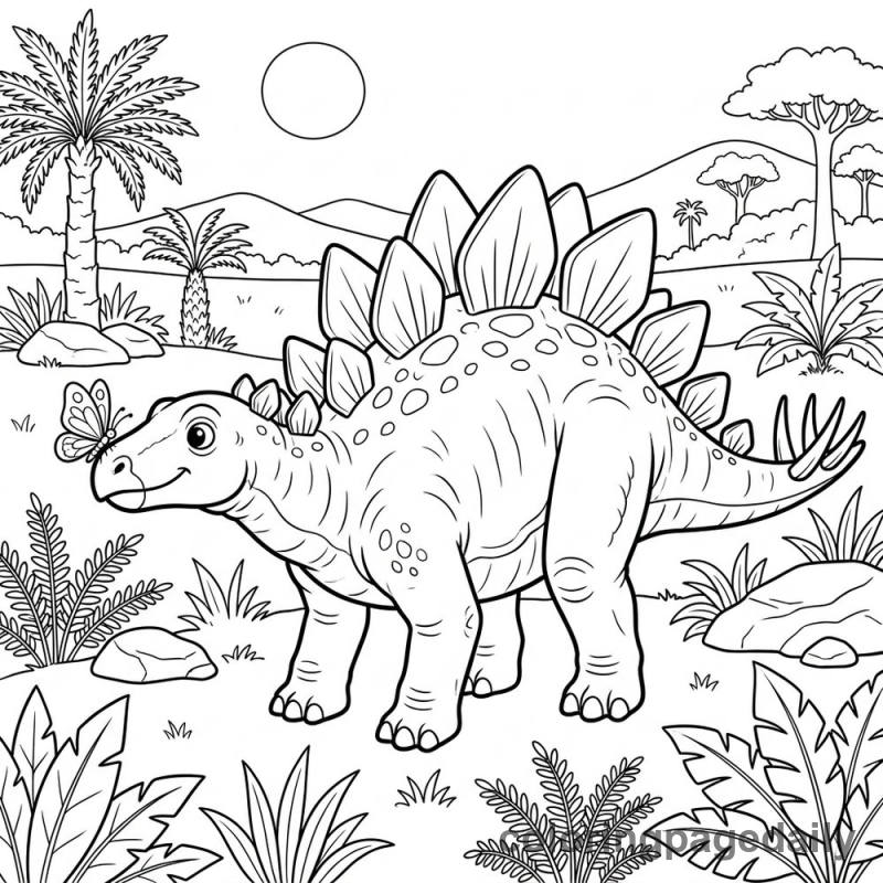 Stegosaurus Meets Butterfly - Daily printable coloring page in Dinosaur category