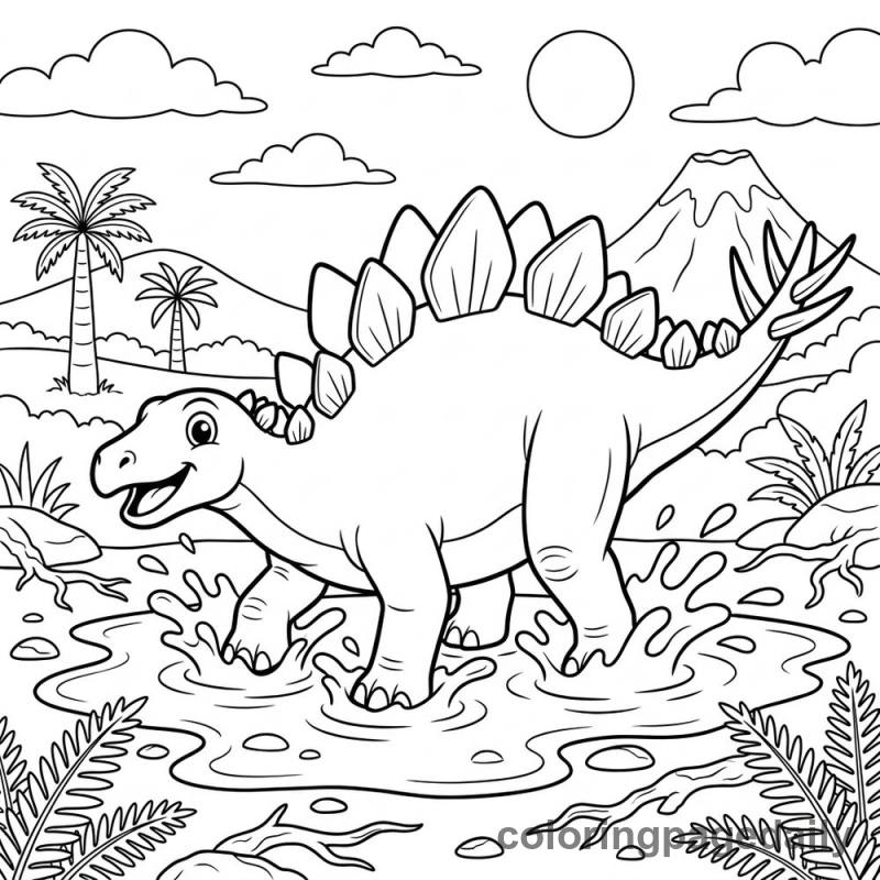 Stegosaurus Muddy Puddle Splash - Daily printable coloring page in Dinosaur category