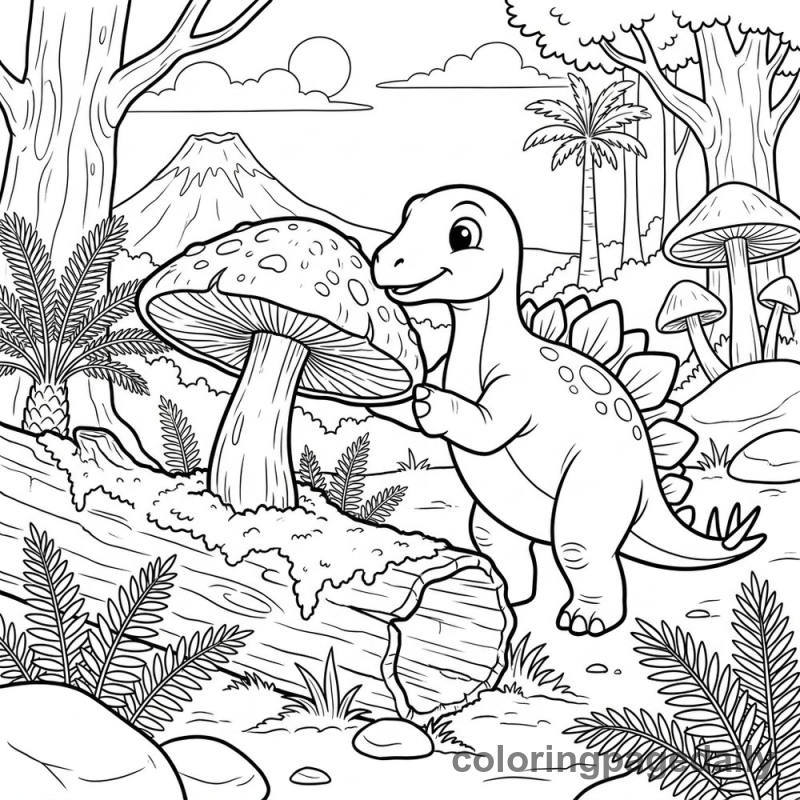 Stegosaurus Nudging Prehistoric Mushroom - Daily printable coloring page in Dinosaur category