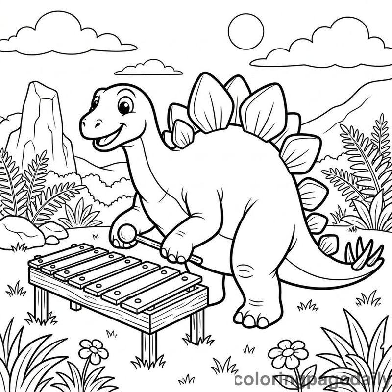 Stegosaurus Playing Xylophone - Daily printable coloring page in Dinosaur category