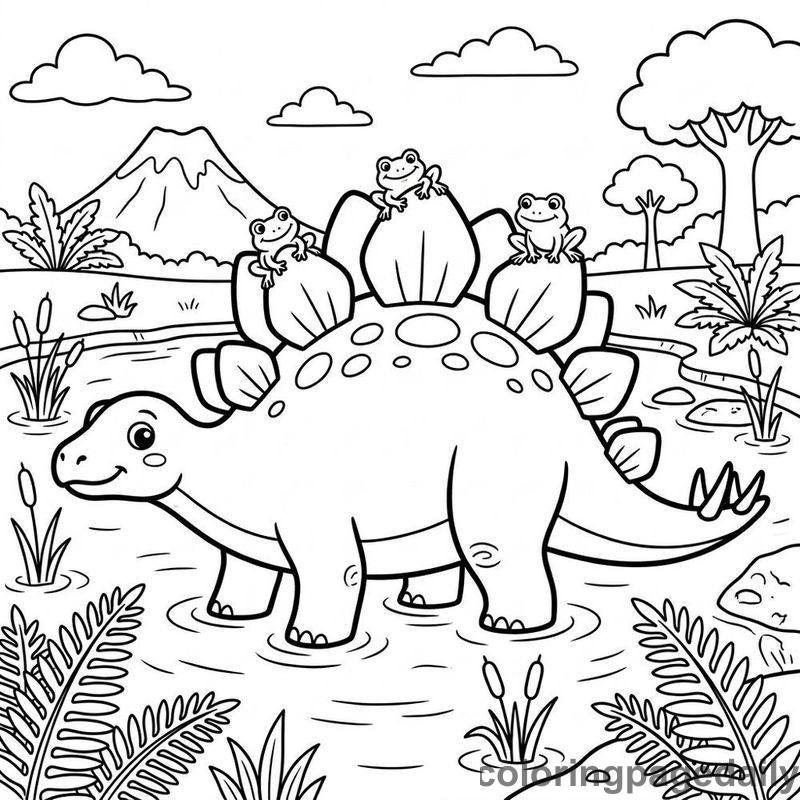 Stegosaurus With Prehistoric Frogs - Daily printable coloring page in Dinosaur category