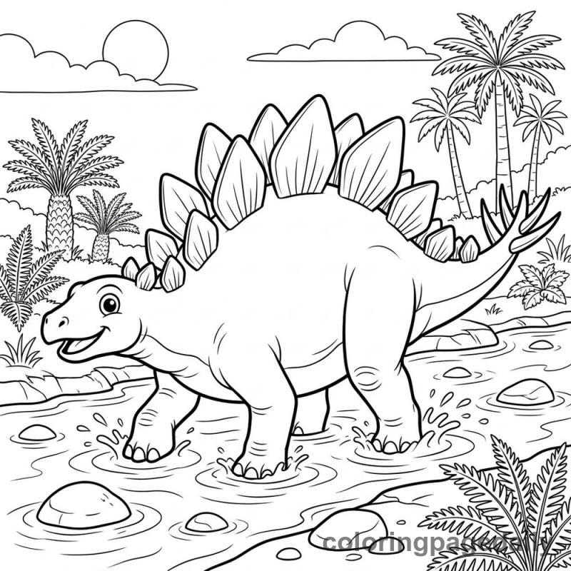 Stegosaurus River Crossing - Daily printable coloring page in Dinosaur category