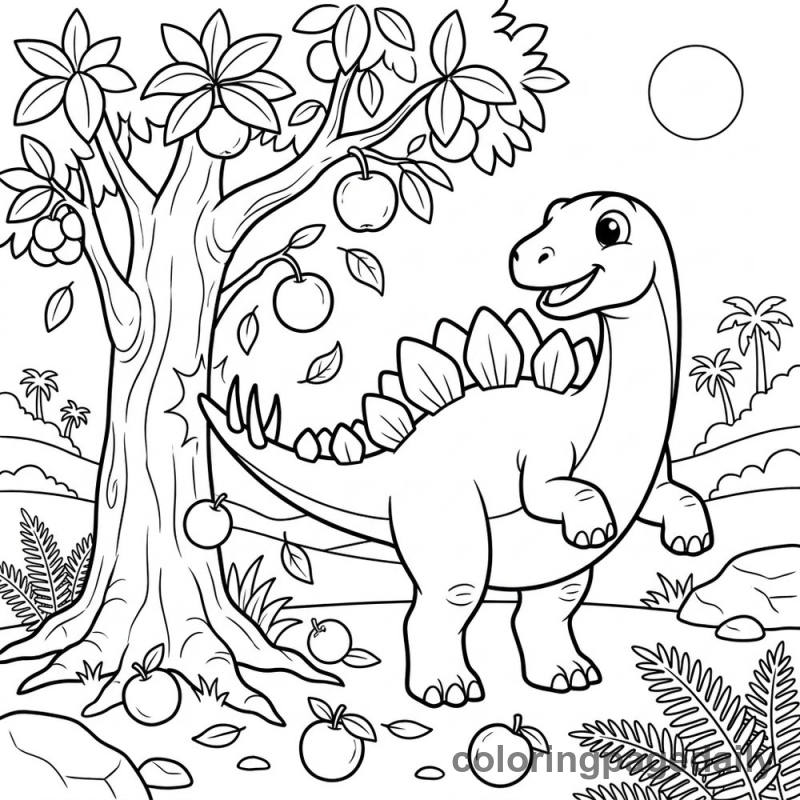 Stegosaurus Shakes a Fruit Tree - Daily printable coloring page in Dinosaur category