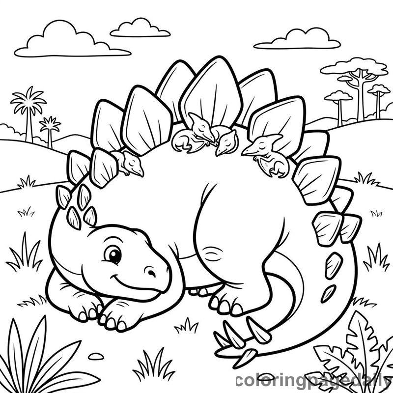 Stegosaurus And Sleeping Pteranodons - Daily printable coloring page in Dinosaur category